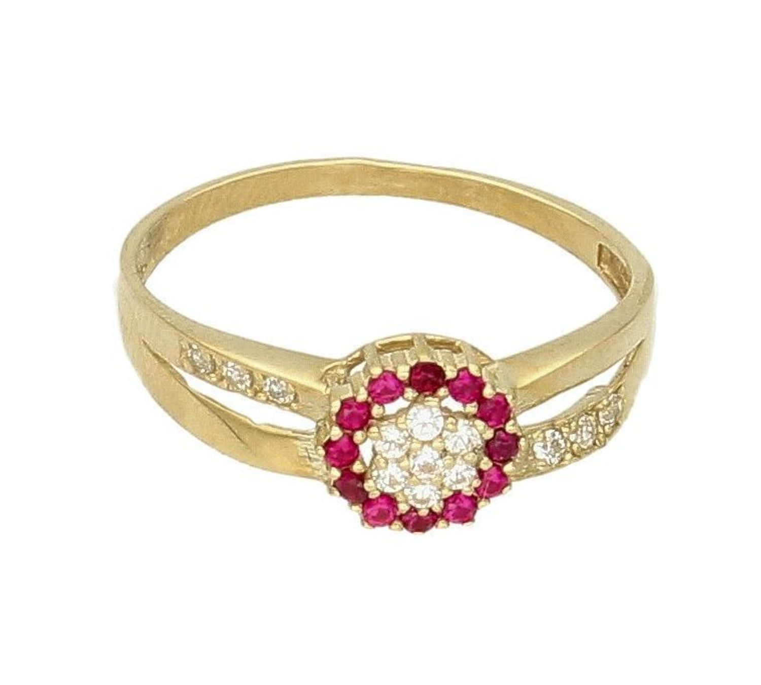 Złoty pierścionek 333 zdobiony różowymi cyrkoniami PI 2028D. Złoty pierścionek z cyrkoniami. Złoty pierścionek damski. Złoty p.jpg